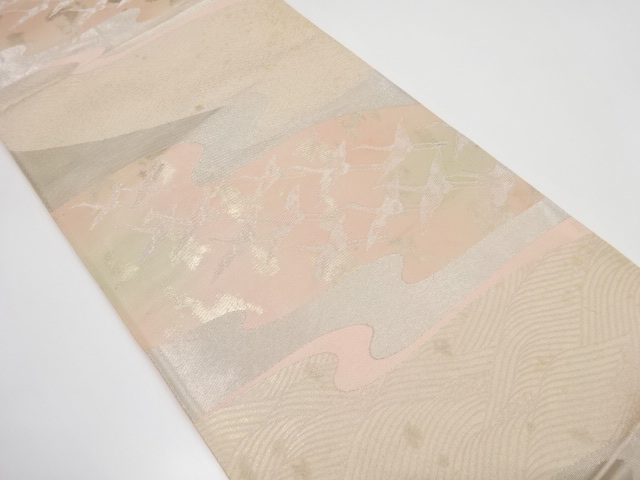 JAPANESE KIMONO / ANTIQUE FUKURO OBI / SILK / WOVEN MIST & CRANE